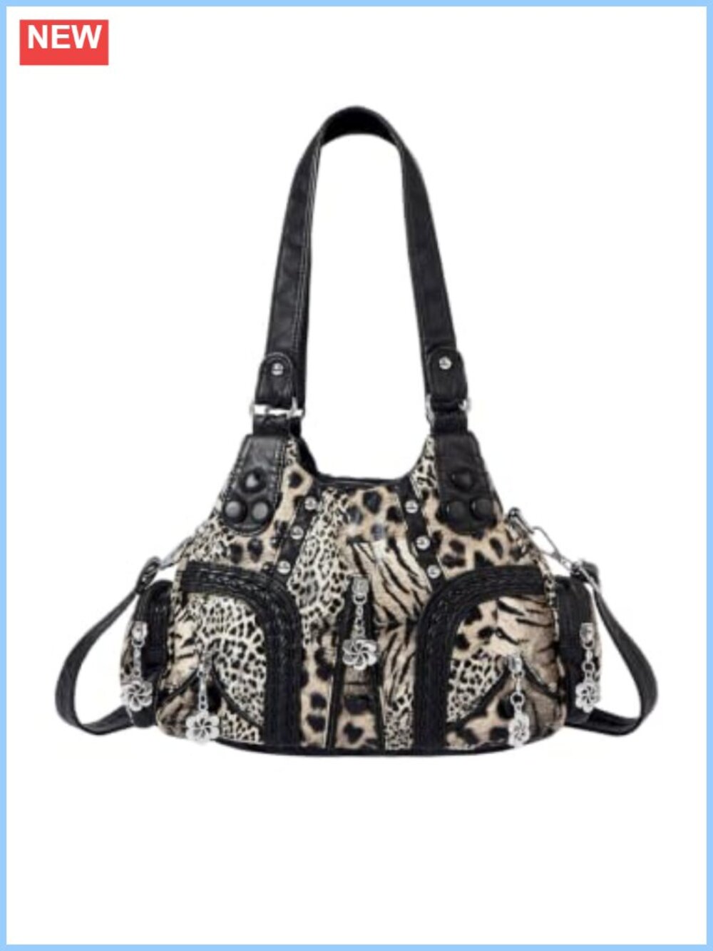 Women's Y2k Leopard Print Shoulder Bag PU Leather Zipper Tote Top Handle